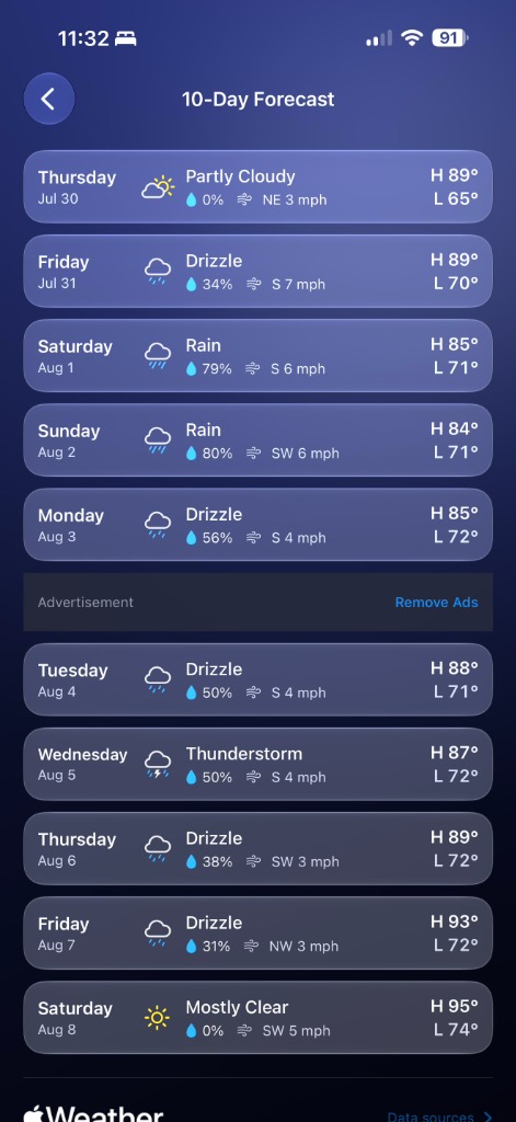 Weather Experience 10-Day Forecast Screen