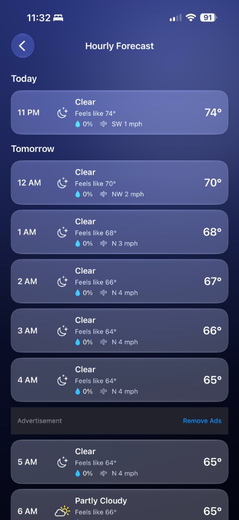 Weather Experience Hourly Forecast Screen